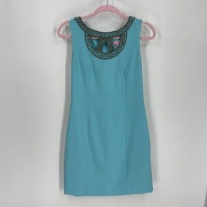 Lilly Pulitzer Turquoise Blue Beaded Neckline Cutout Shift Dress Spring Size 2